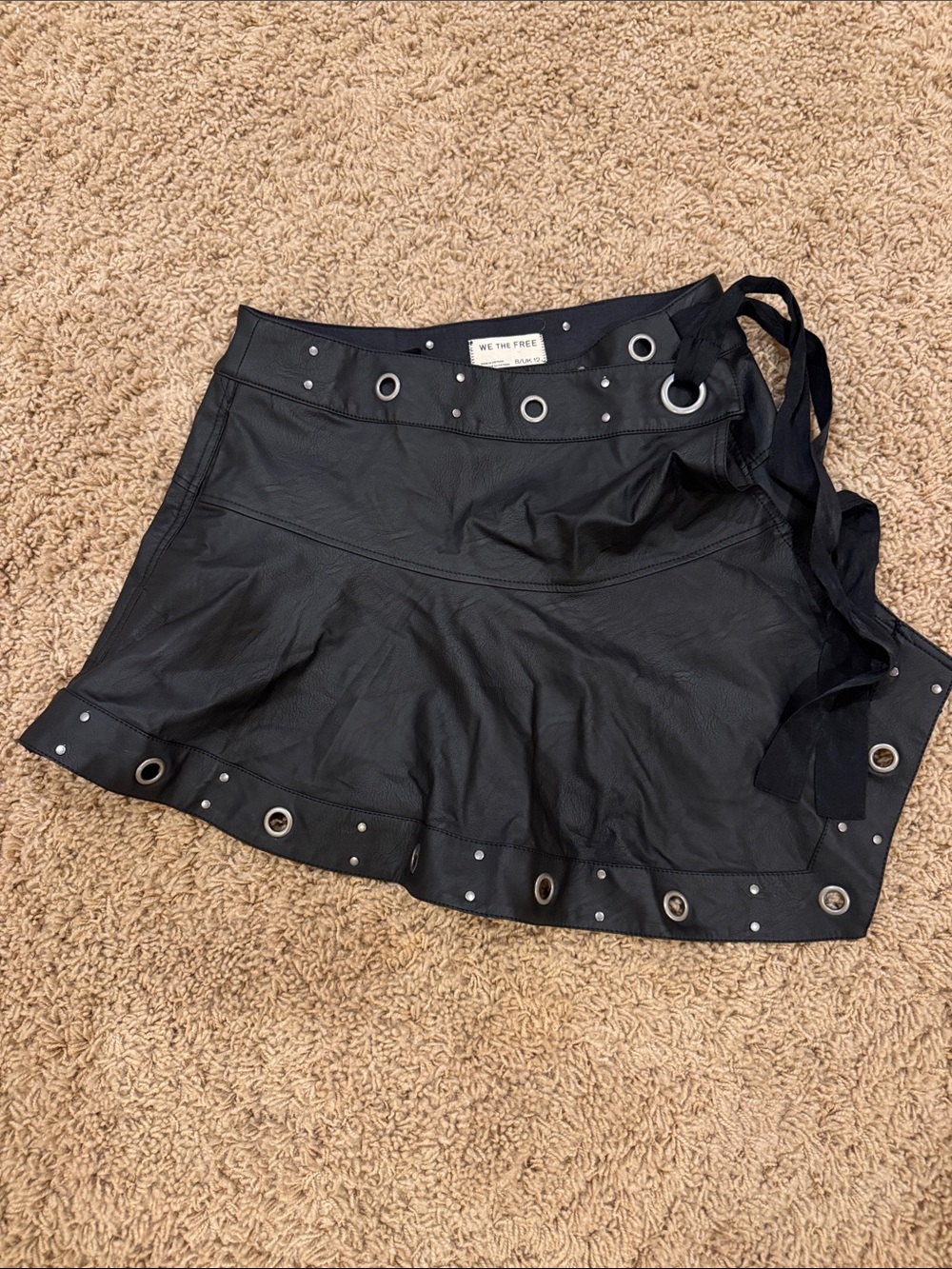 We The Free Black Faux Leather Grommet Tie Mini Skirt